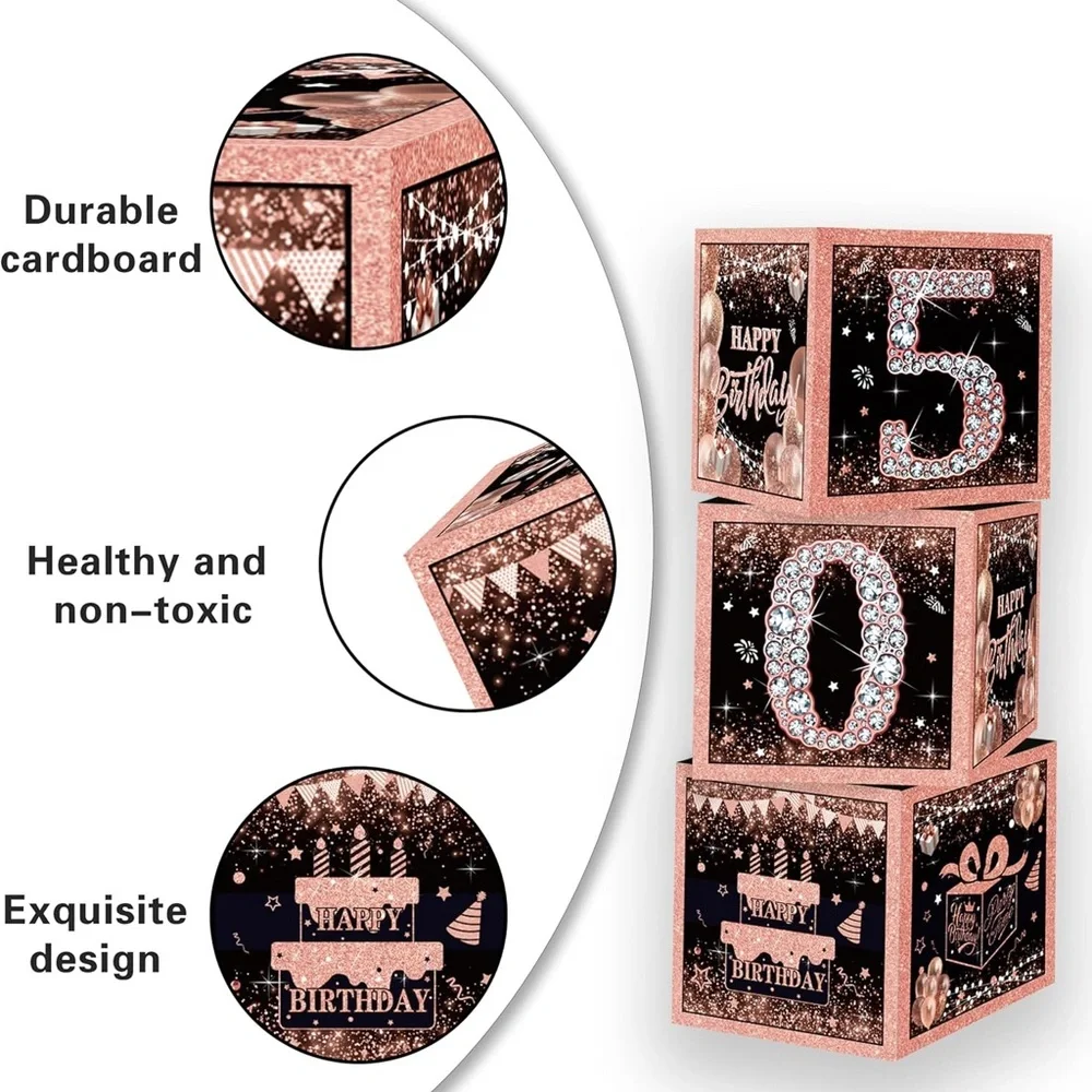 50th Birthday Decorations Rose Gold Black Balloon Arch Backdrop Boxes Set NEW